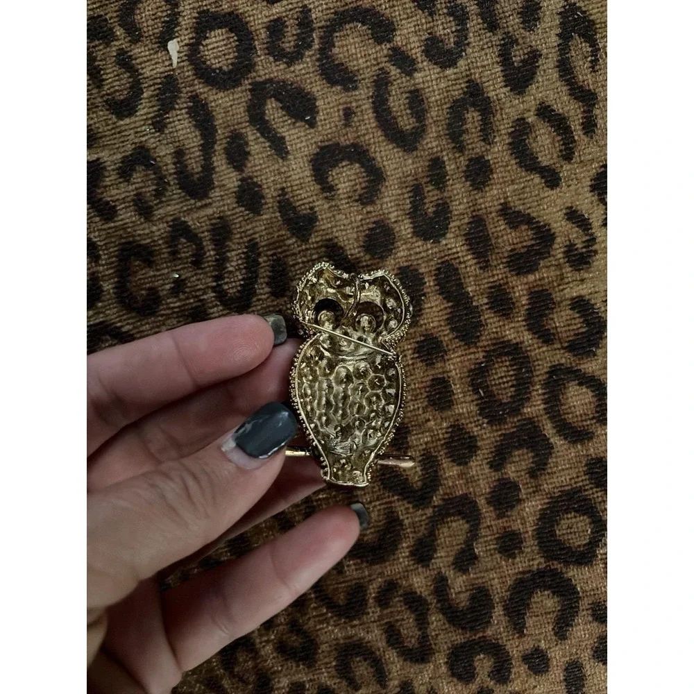 Hoot Owl Brooch Pendant Rhinestone Figural‎ Bling Amber Tone Statement Pin 2.5🦉